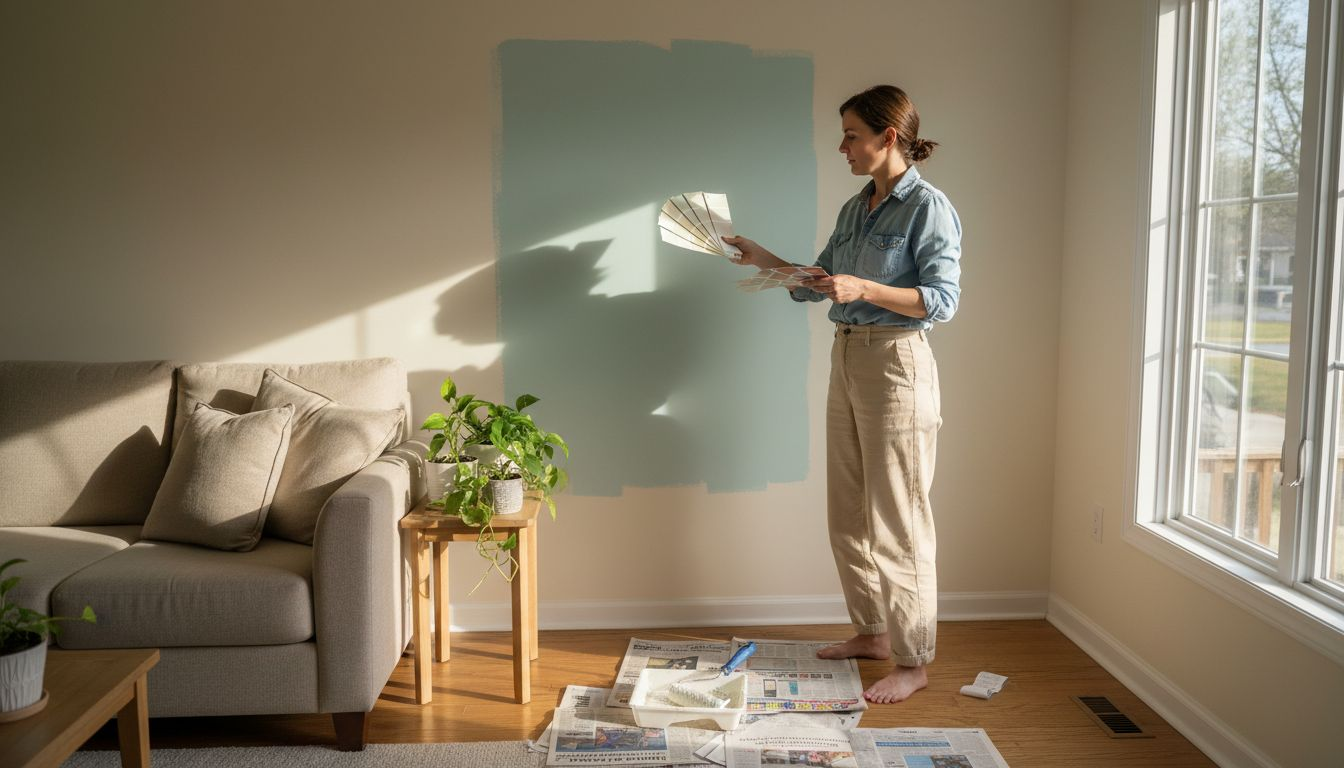 Woman choosing wall color in bright living room