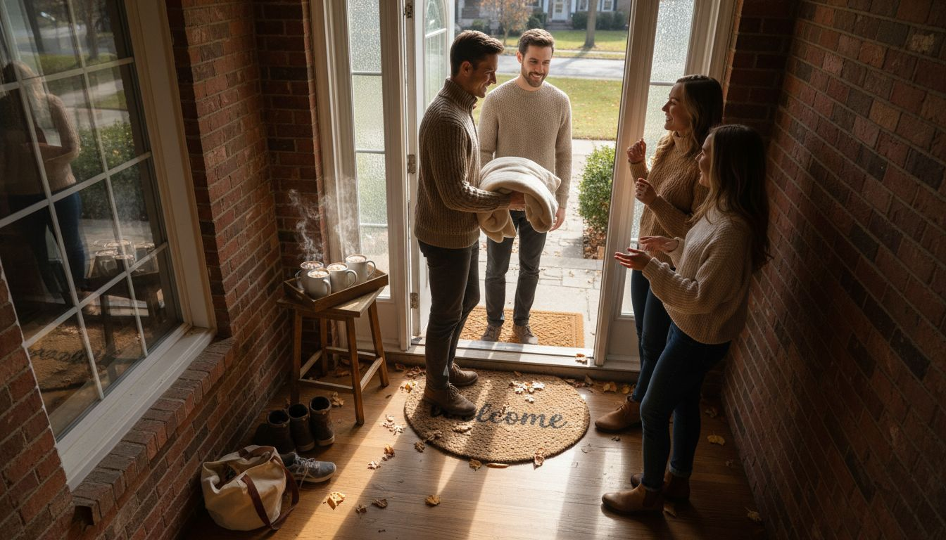 Hosts greeting guests at cozy front door