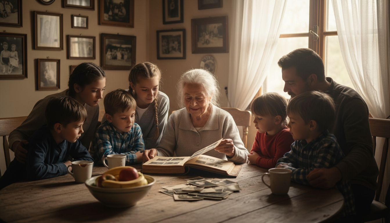 Family gathered sharing stories around kitchen table
