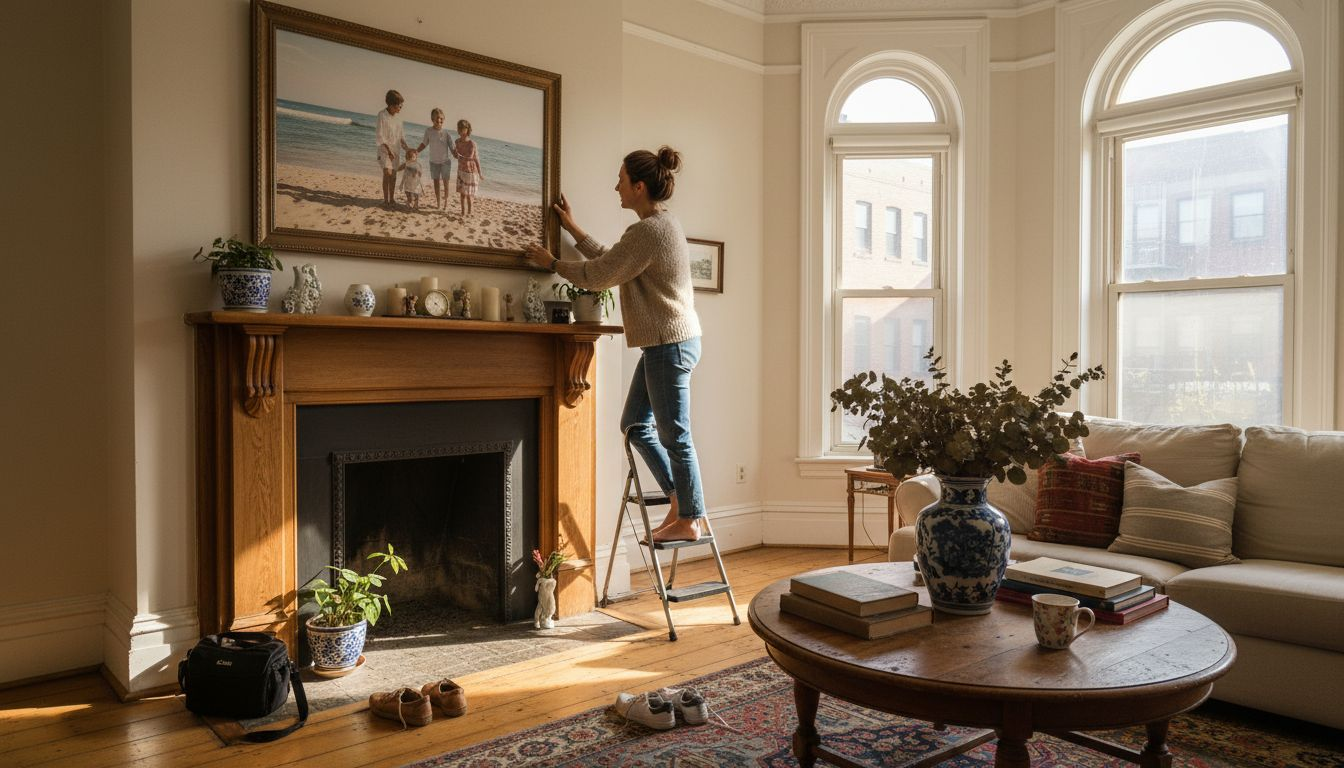 Woman arranging personal decor in living room