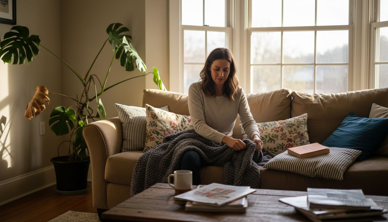 Woman styling throw blanket in cozy living room