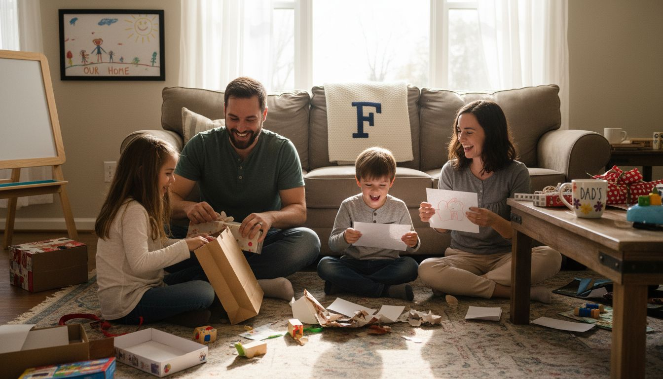 Family opening personalized gifts in living room