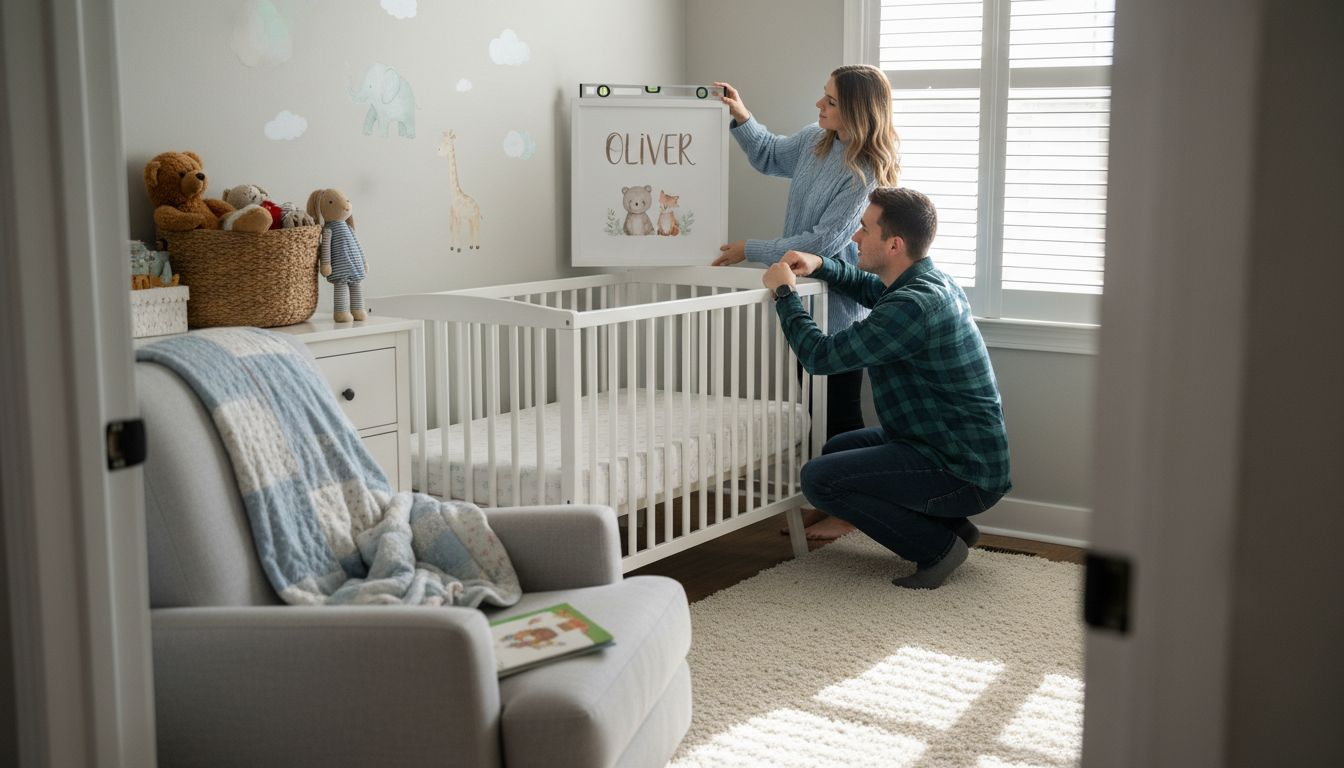 Parents hanging personalized art in nursery