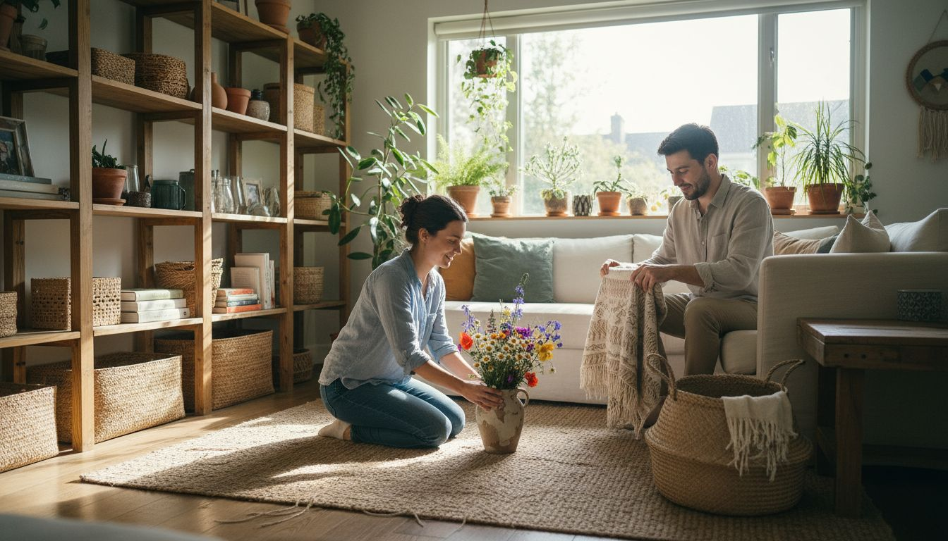 Couple arranging eco-friendly home decor