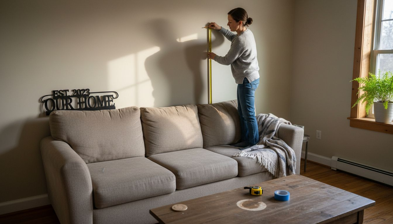 Woman measuring space for metal sign decor