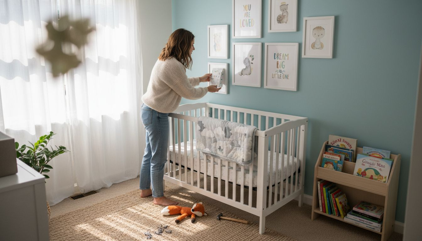 Parent arranging modern nursery wall art