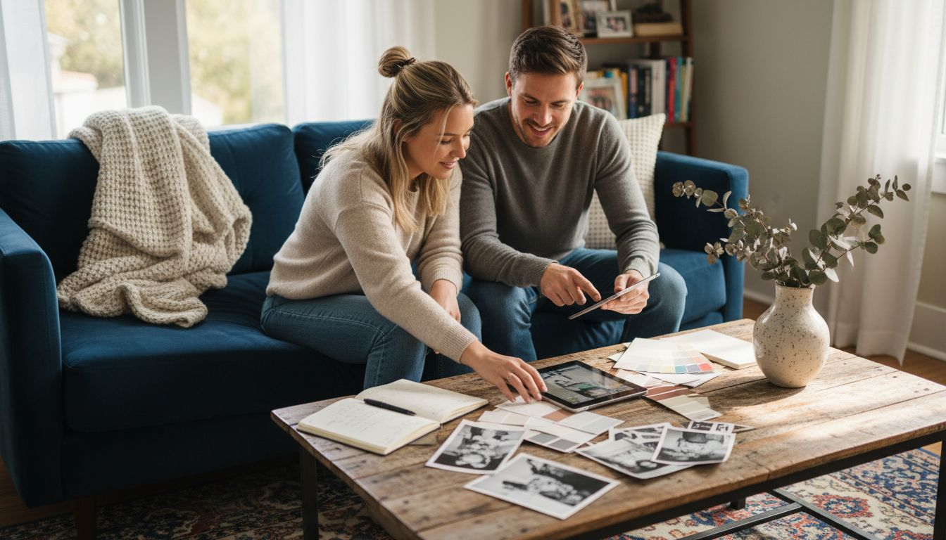 Couple planning custom home decor in living room