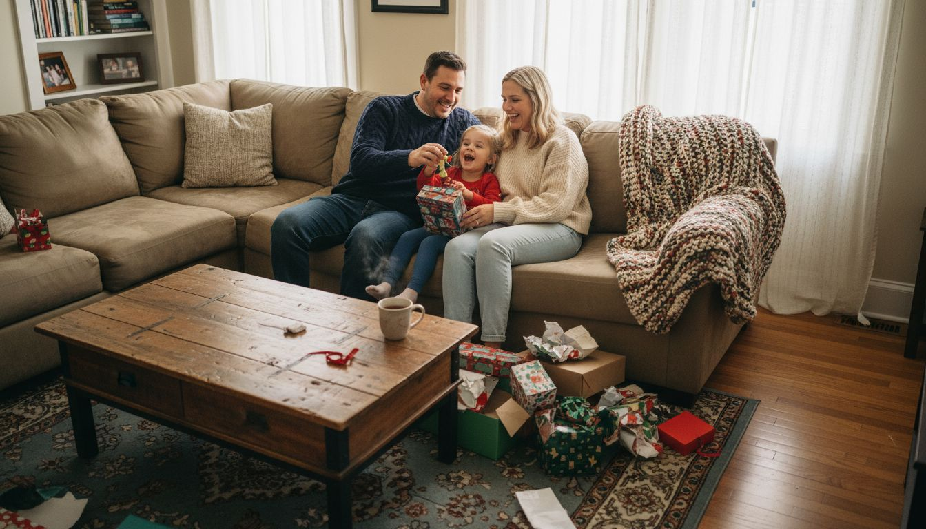 Family exchanging gifts in cozy living room