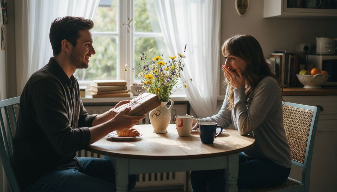 Couple exchanging gifts at sunlit kitchen table