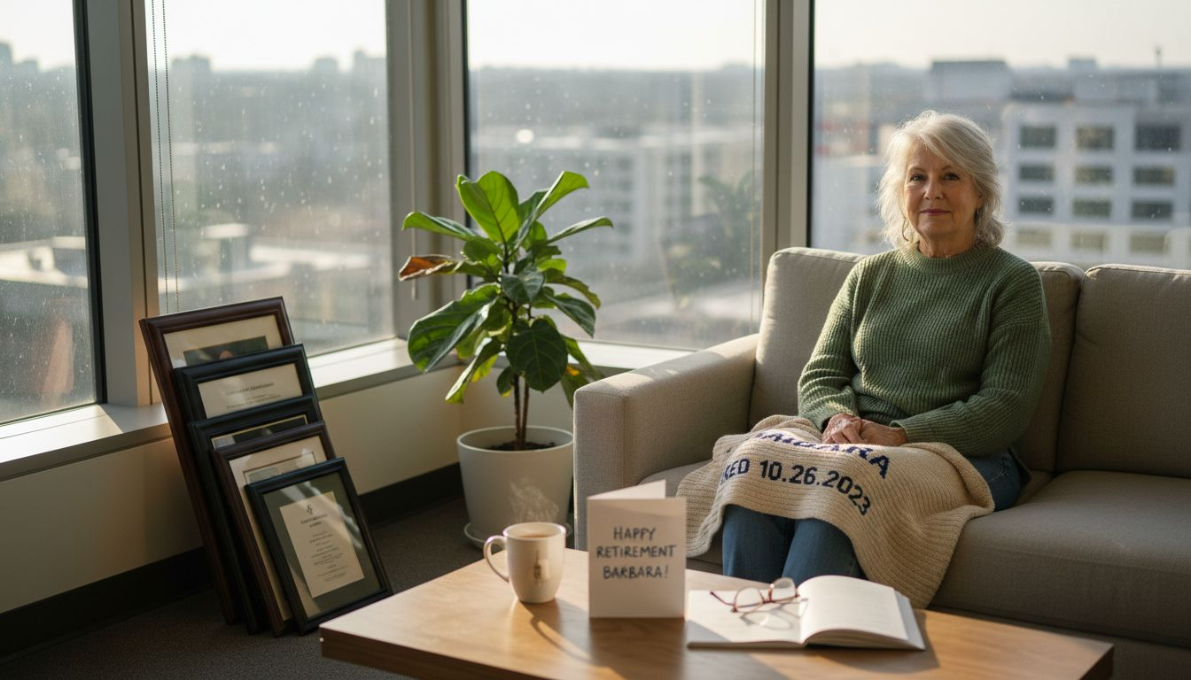 Retiree with personalized blanket in office