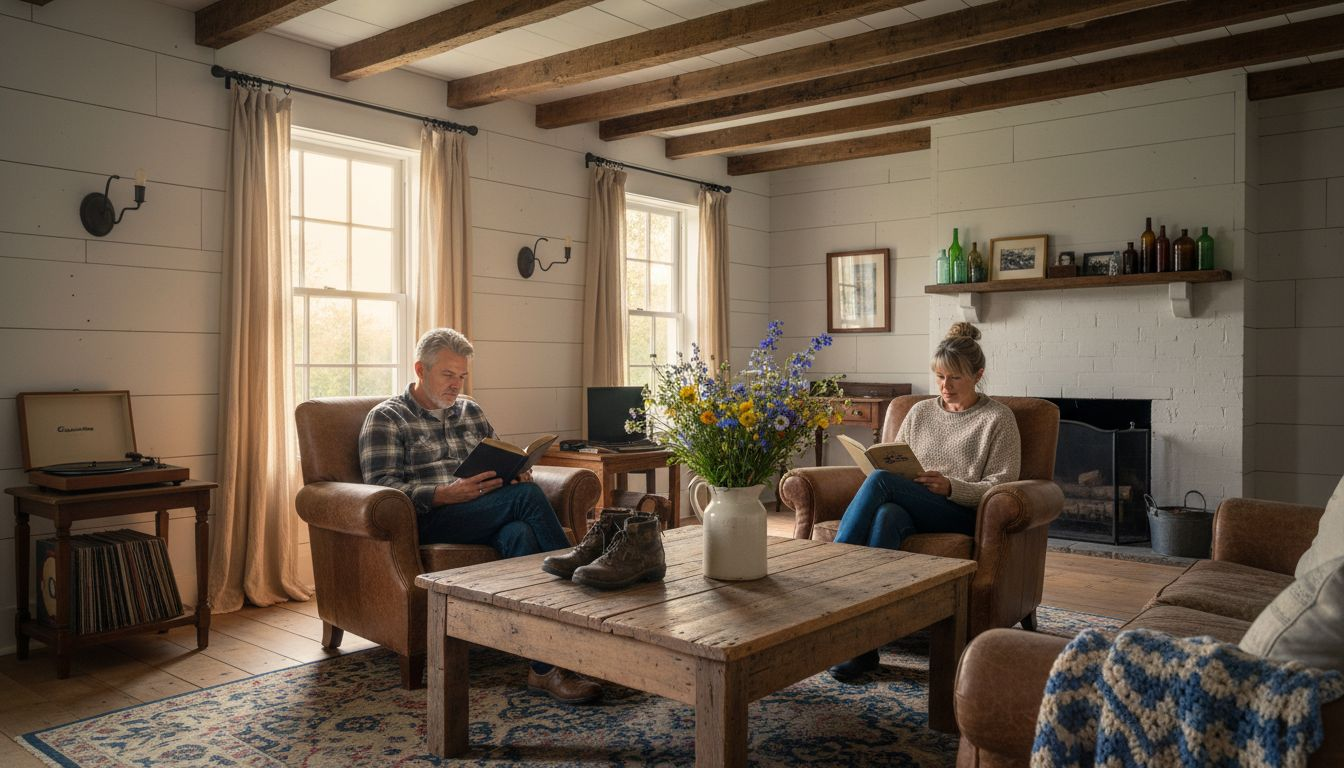 Couple in rustic farmhouse living room