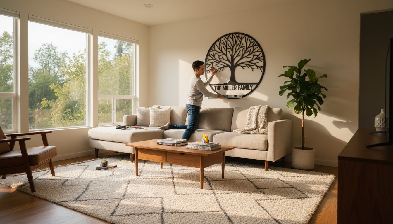 Couple hangs custom metal wall art in living room