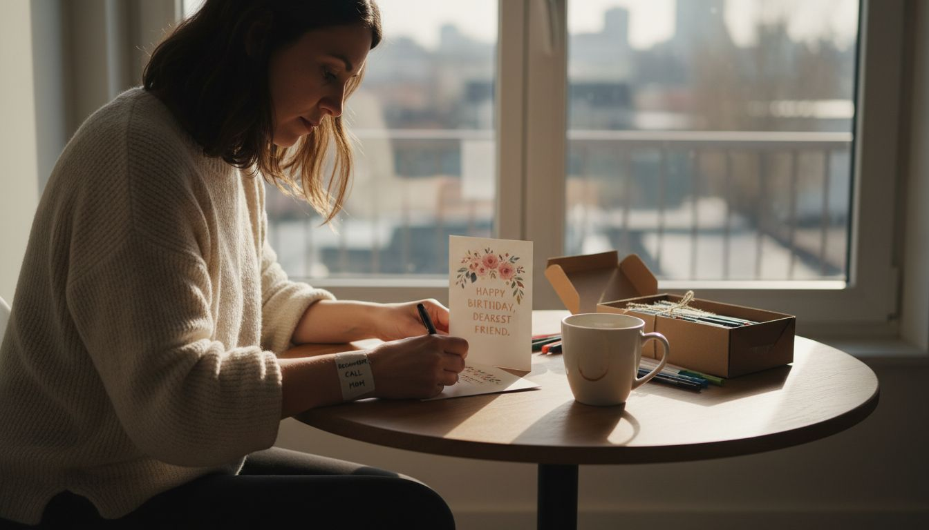 Woman handwrites message on gift card