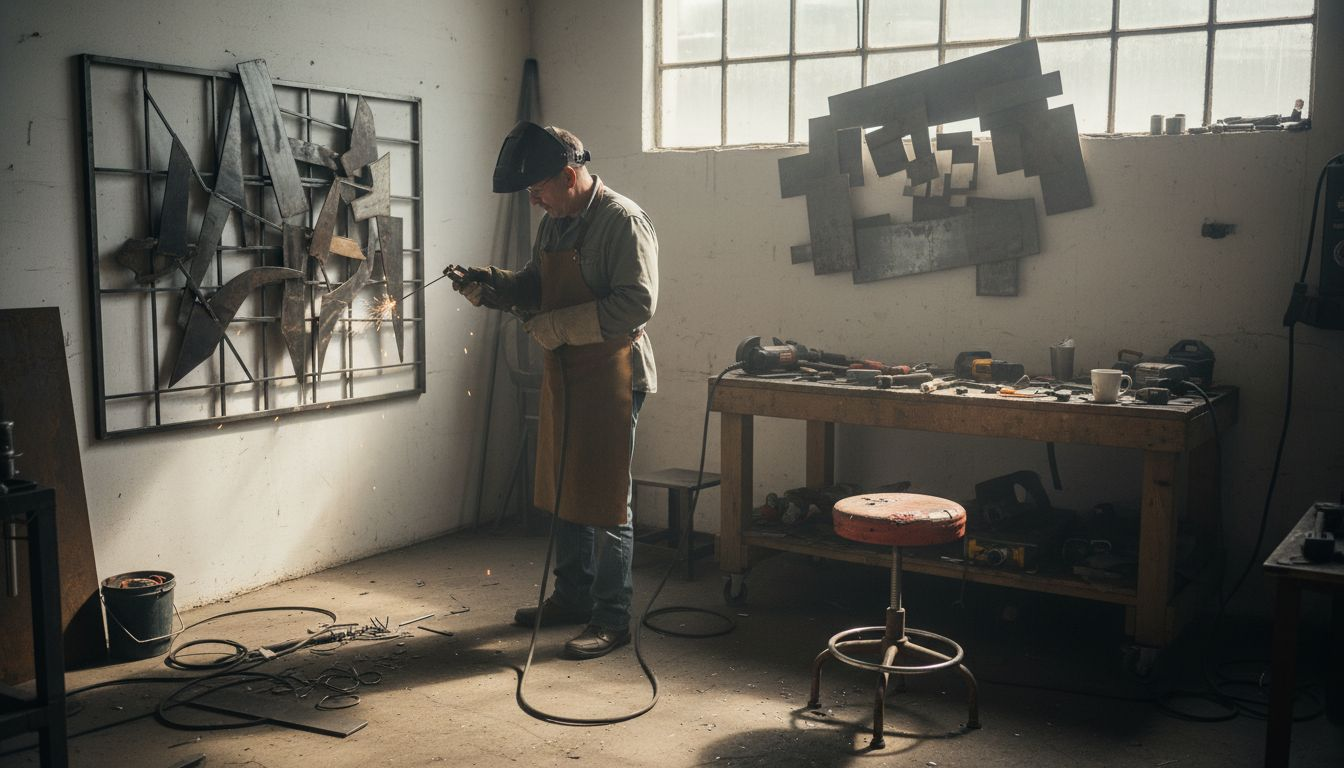 Metal artist crafting wall sculpture in studio