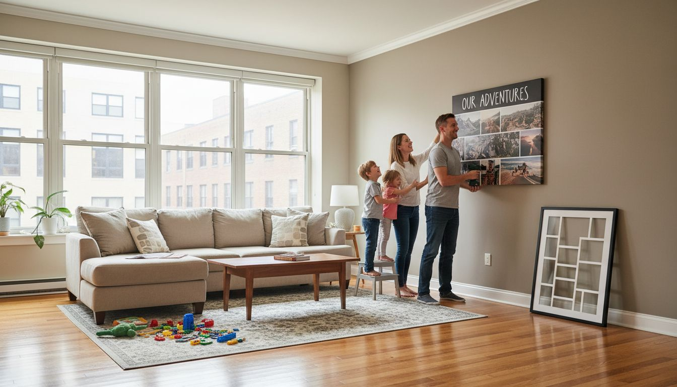 Family hangs canvas art in modern living room