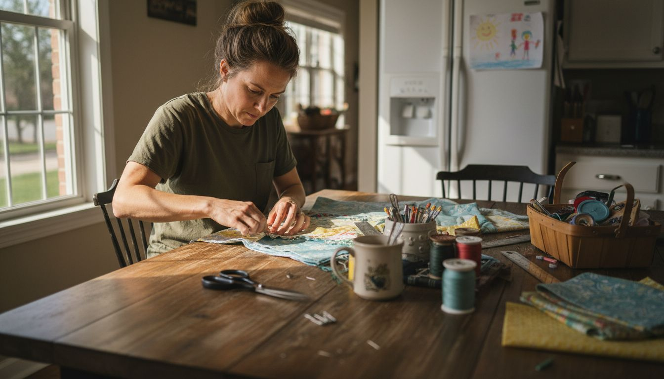 Woman preparing fabric for blanket gift