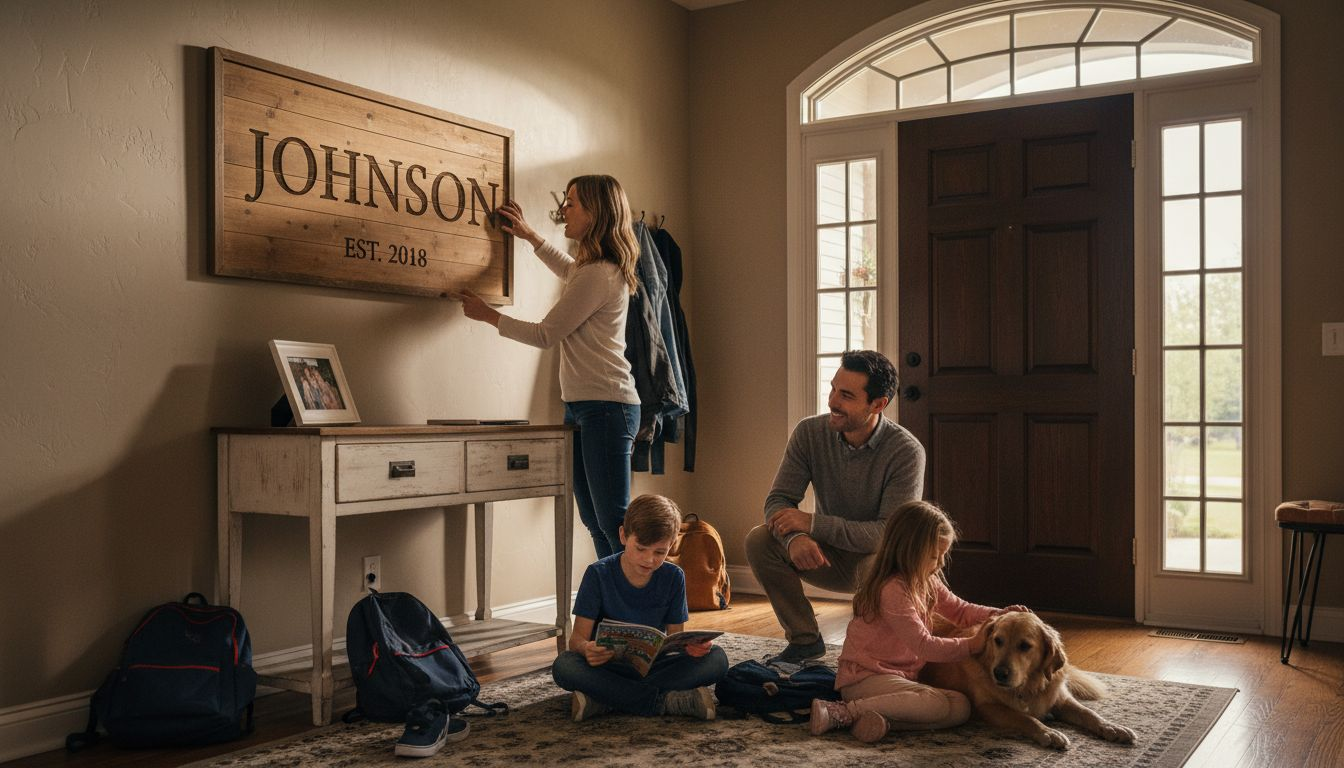 Family admiring custom sign in entryway