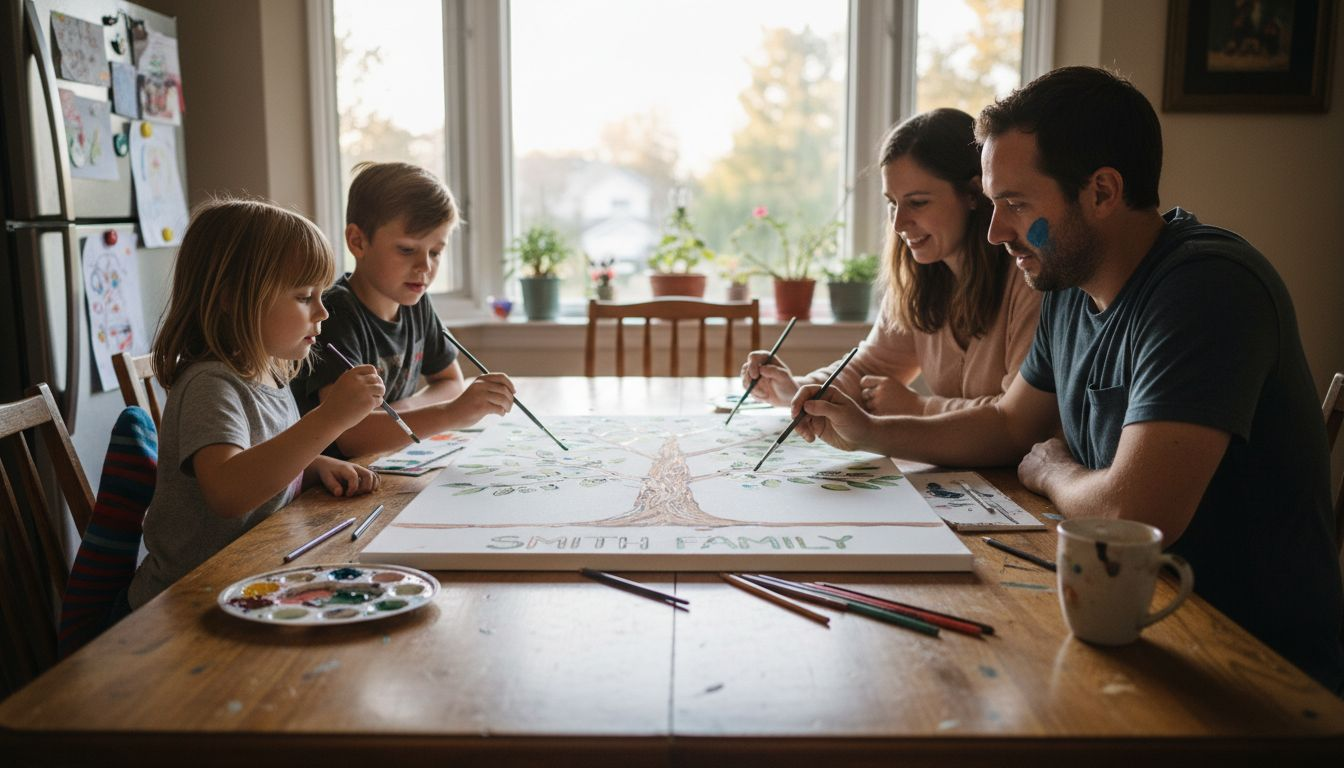 Family painting art around kitchen table