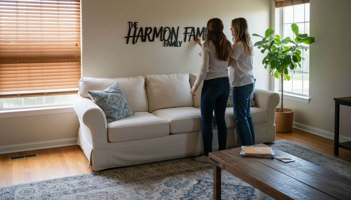 Couple arranging personalized metal wall decor