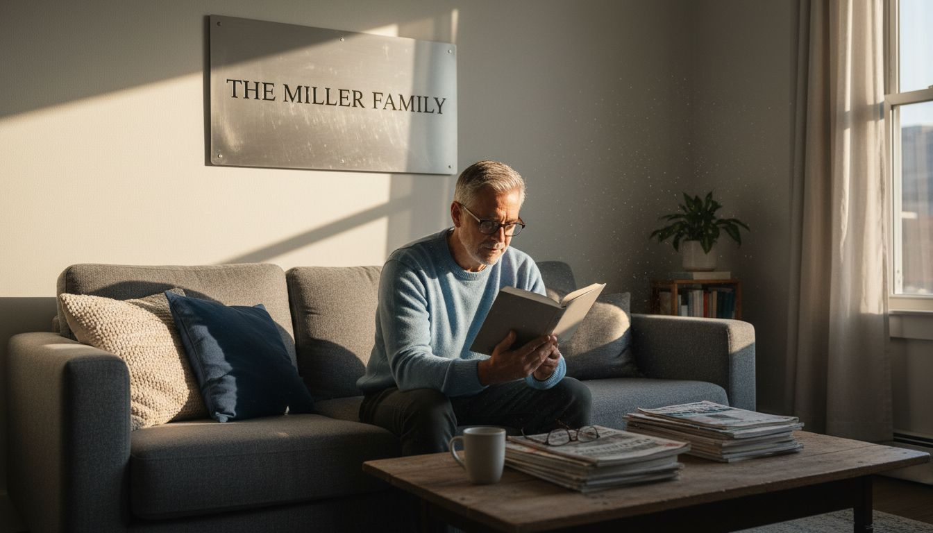 Metal wall plaque above living room sofa