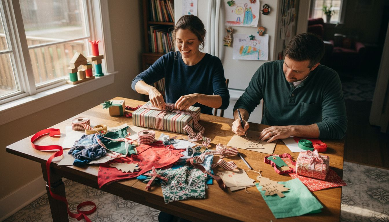 Parents wrapping gifts with craft supplies on kitchen table