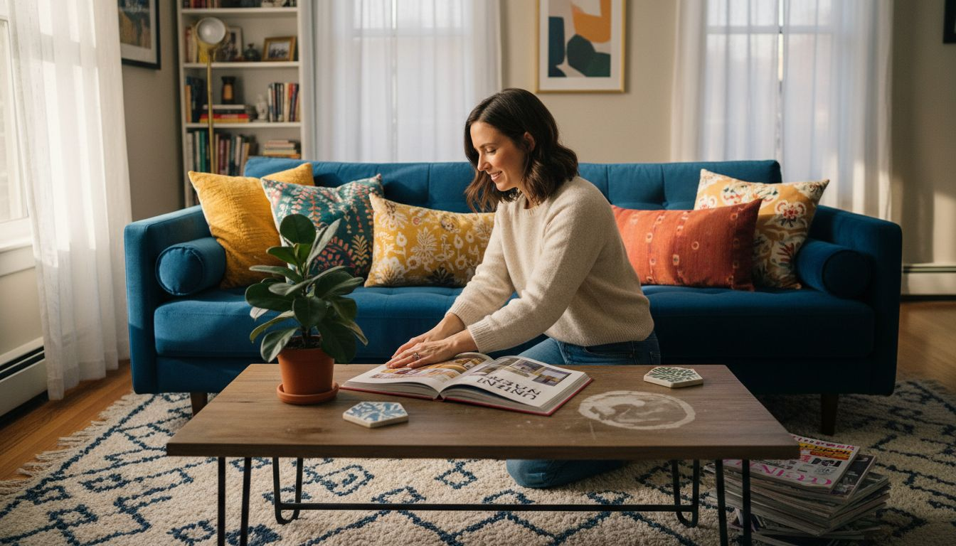 Woman arranging decor in cozy living room