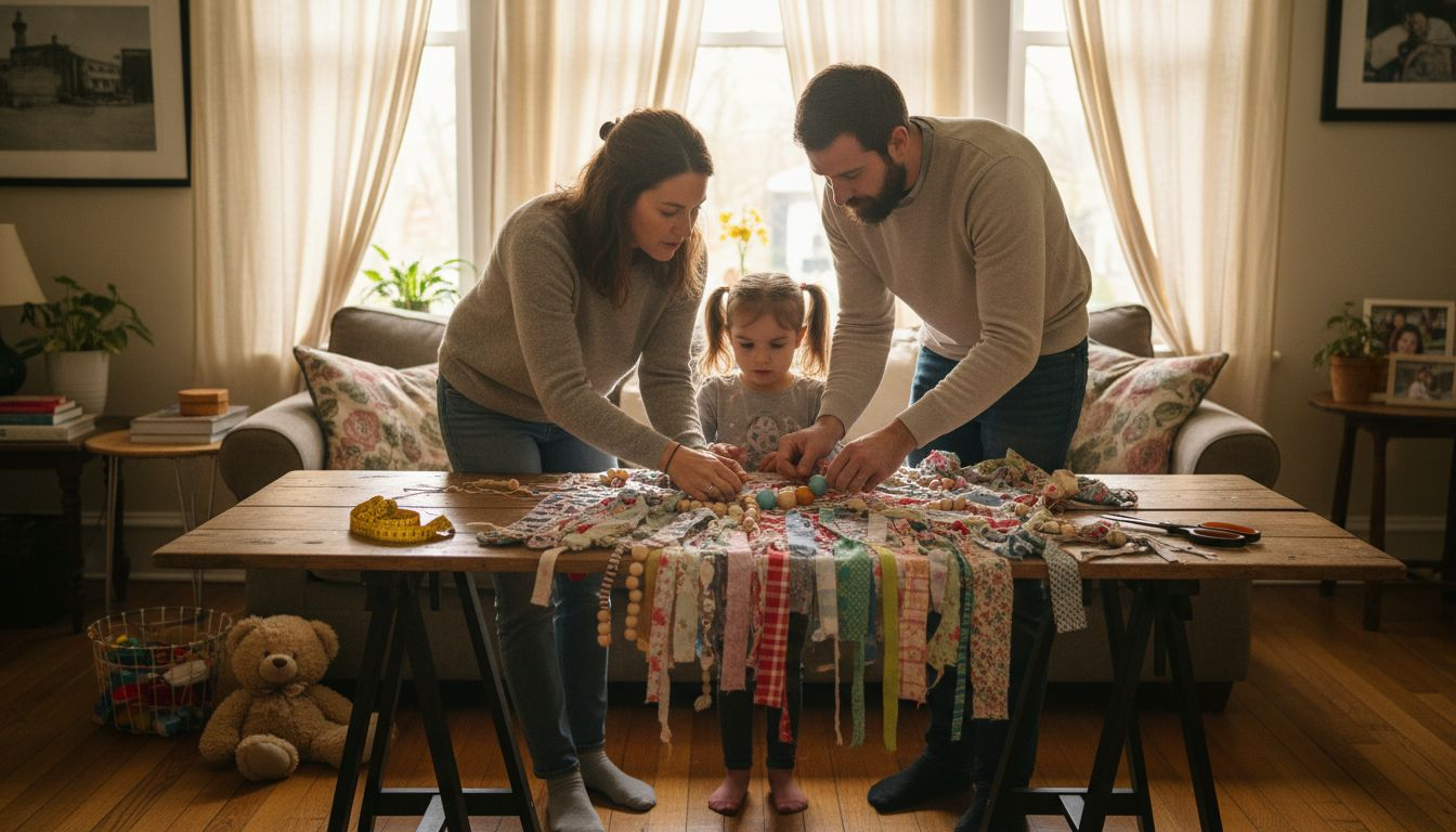 Family making custom wall hanging together