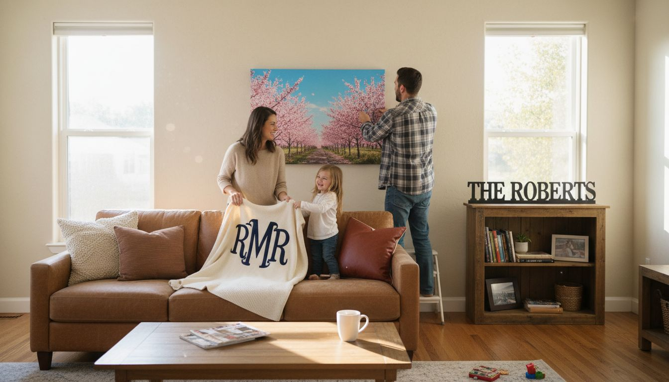 Family arranging personalized seasonal home decor