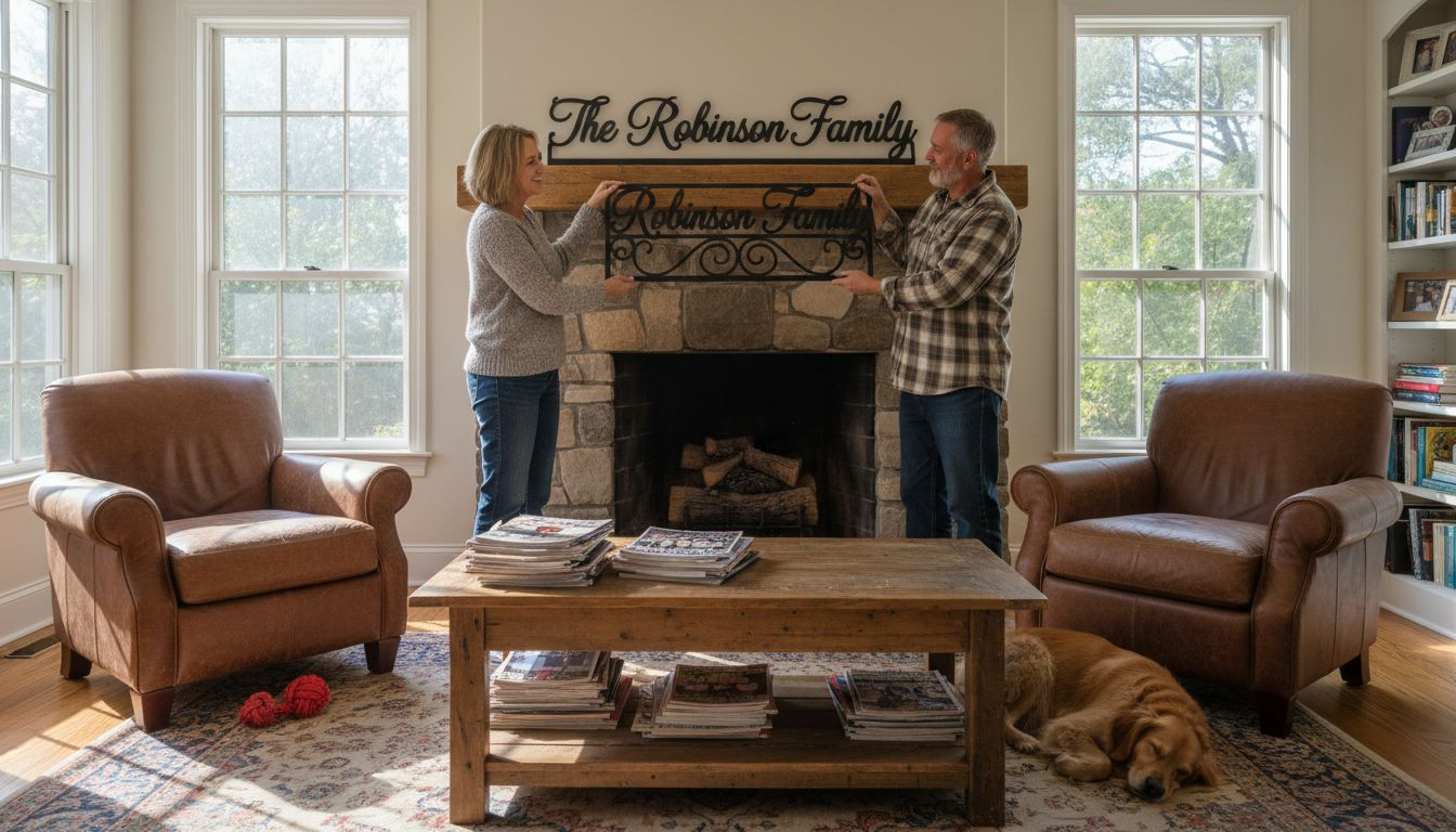 Couple hangs personalized metal sign at home