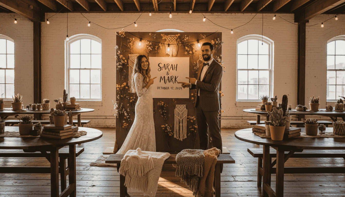 Couple admiring unique personalized wedding decorations