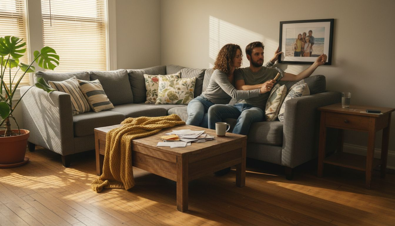 Couple adding photo to cozy living room