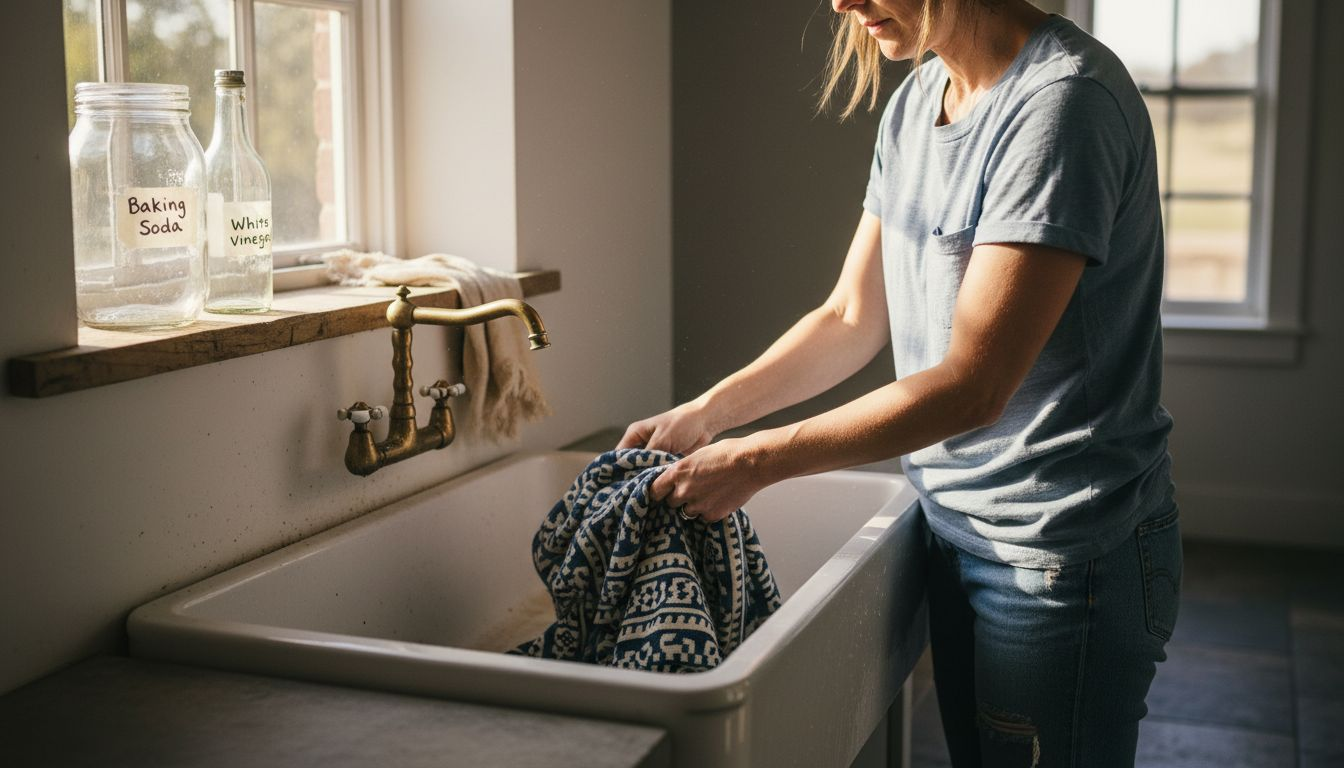 Woman hand washing blanket in farmhouse laundry sink