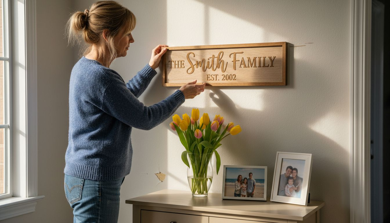 Woman hangs custom wood sign in home entryway