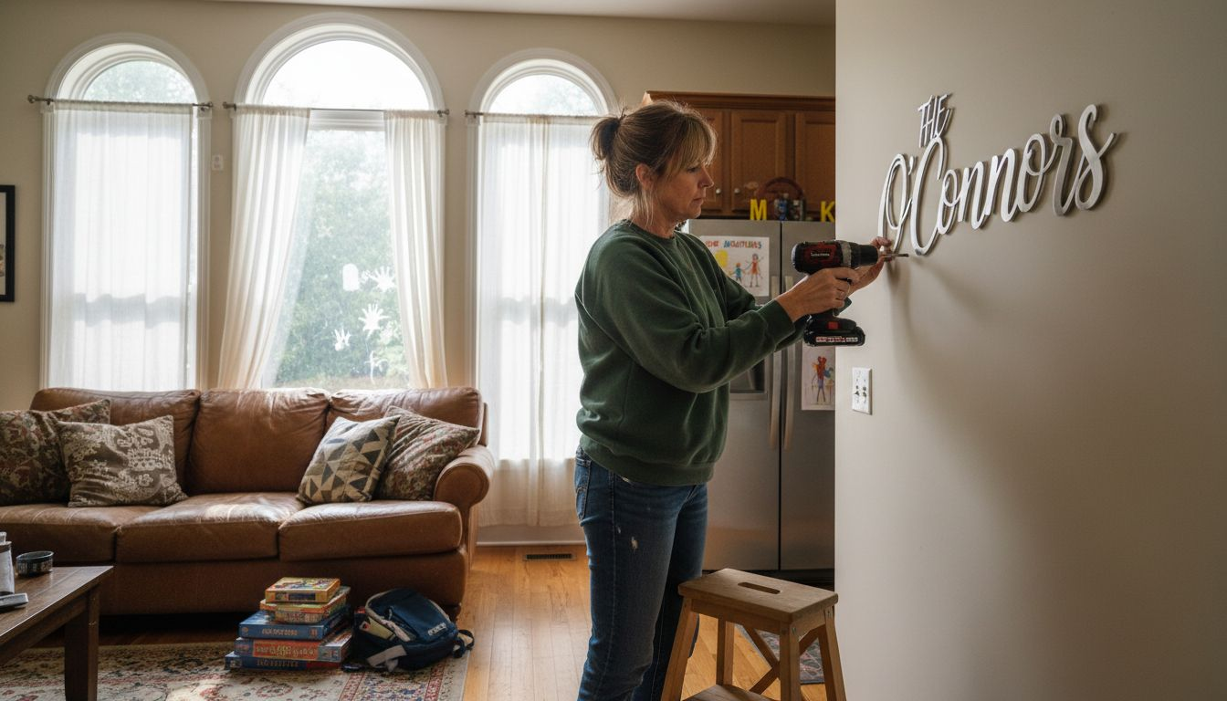 Woman hanging personalized metal art sign