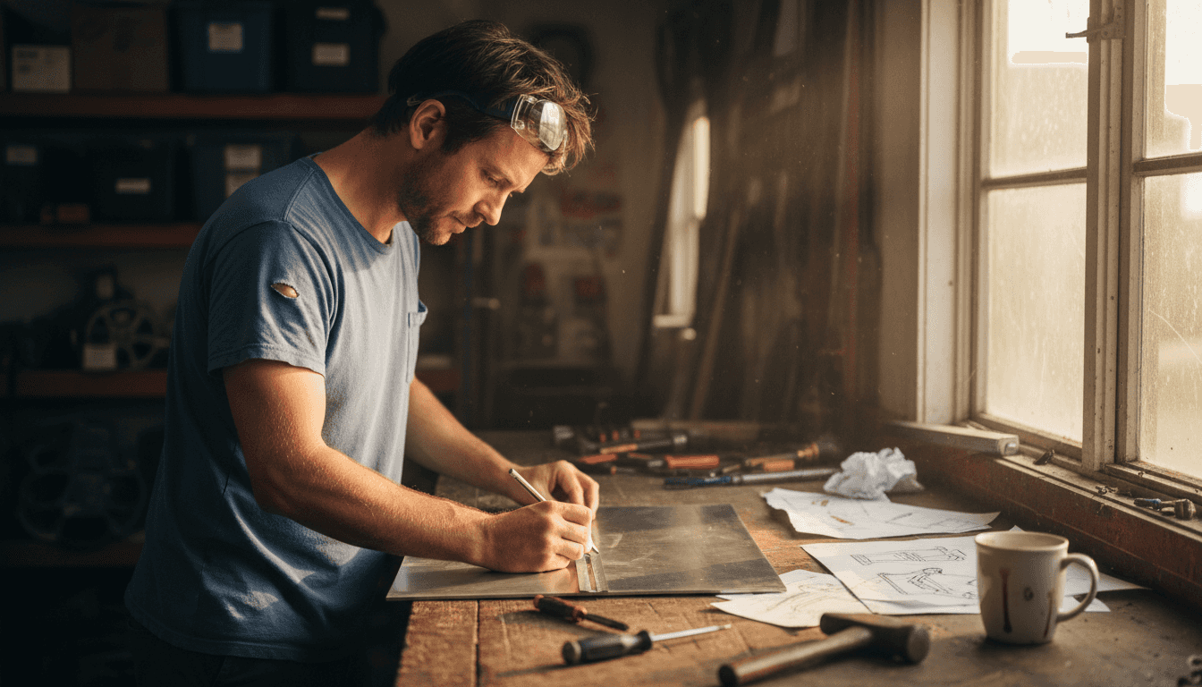 Man measuring aluminum sheet in home workshop