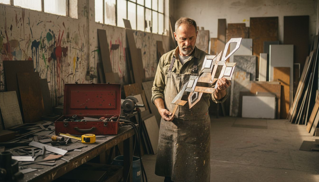 Artisan inspects metal wall art in workshop