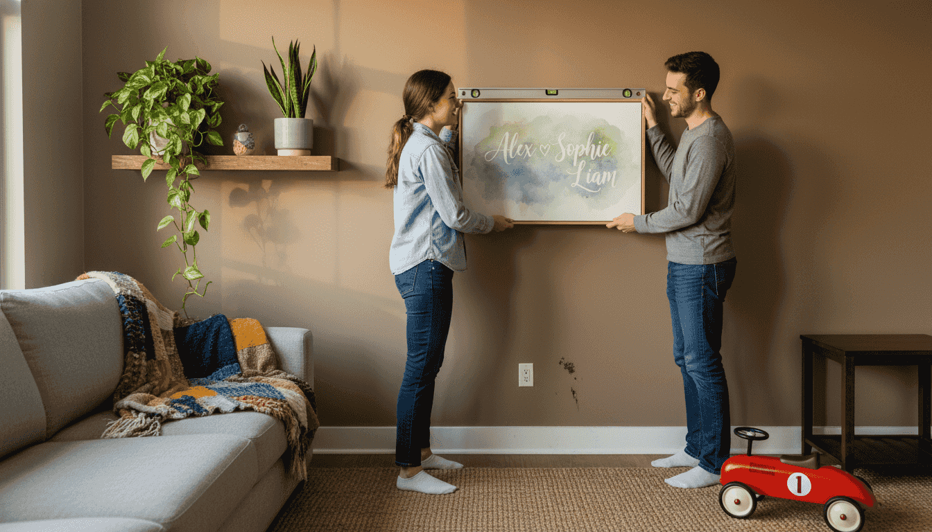 Couple hangs personalized family wall art with names