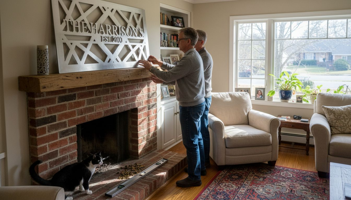 Couple hanging custom metal artwork in living room