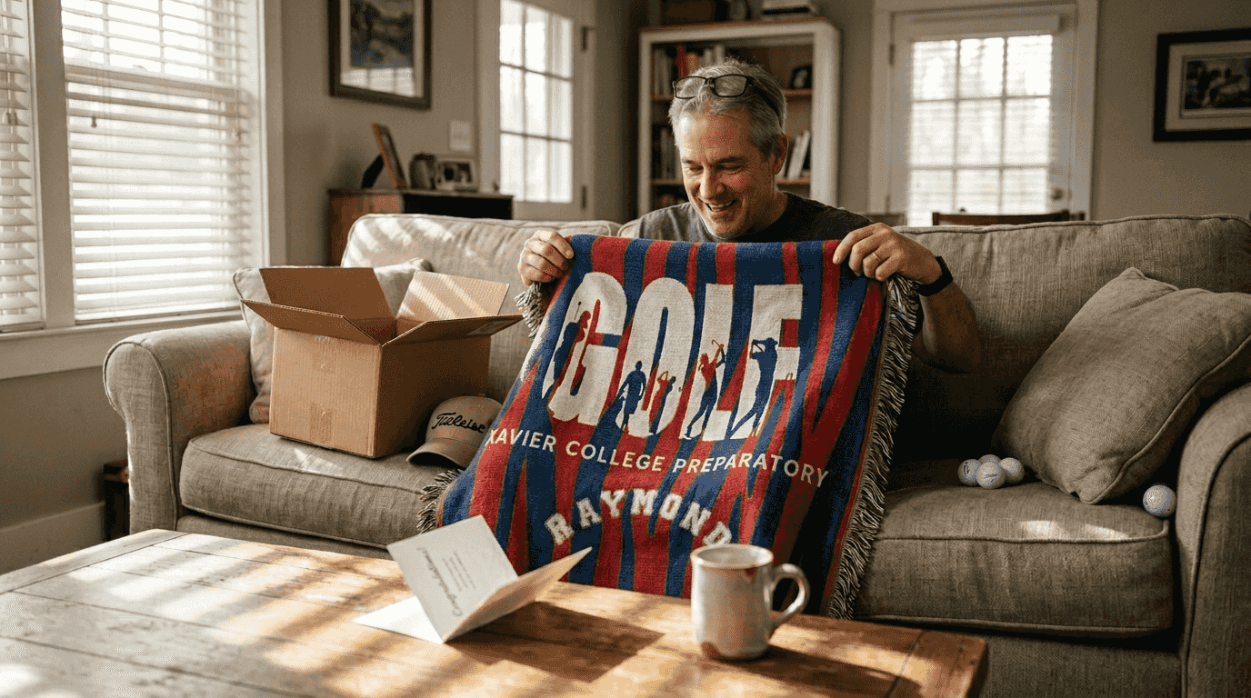 Man opening personalized golf blanket gift