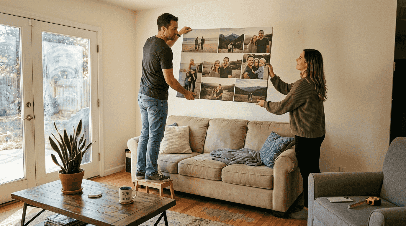 Couple installing custom canvas art at home