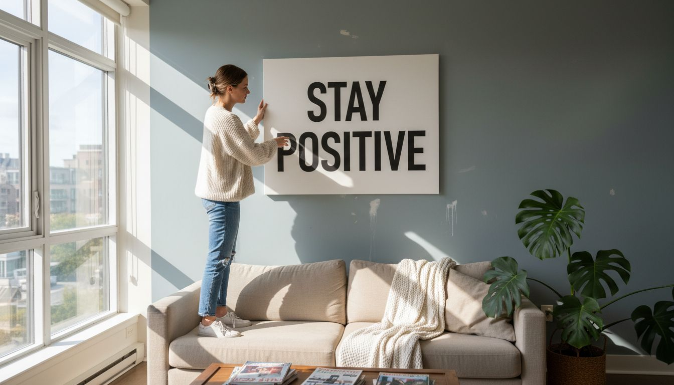 Woman hangs motivational canvas in living room
