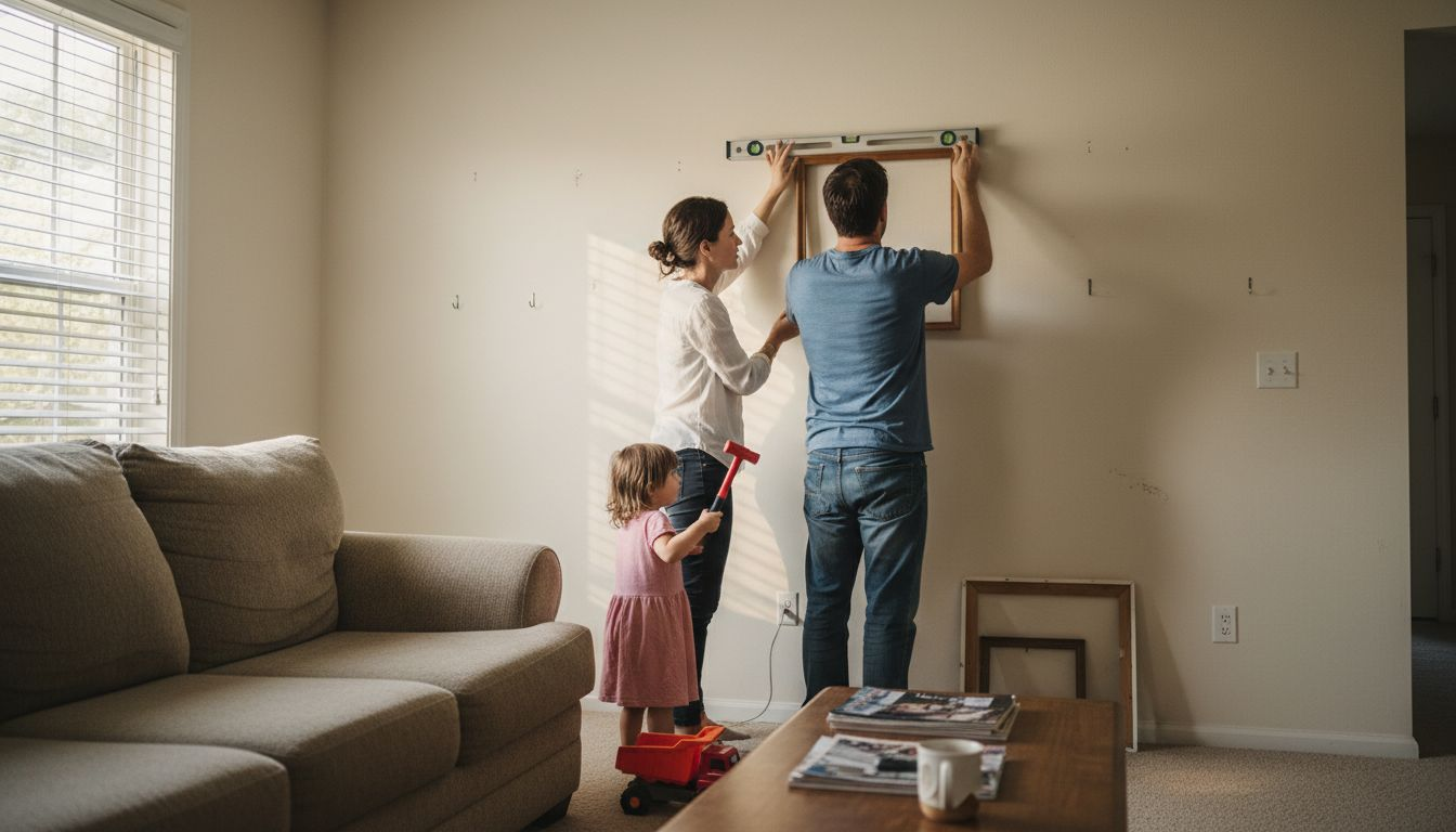 Family hanging photos in living room