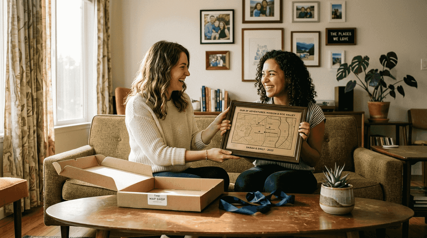 Personalized gift exchange in sunny living room