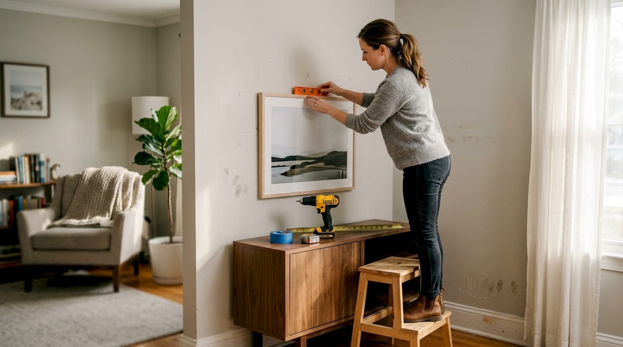 Woman aligning custom wall art in living room
