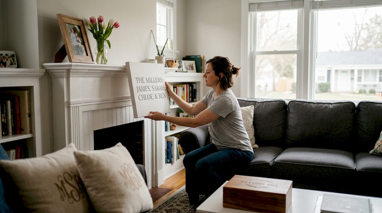 Woman arranging personalized family canvas art