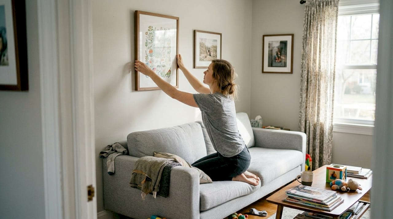 Mother hangs personalized wall art in living room