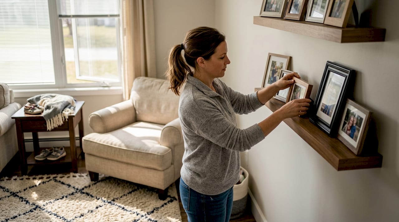 Woman arranging family photos on shelf