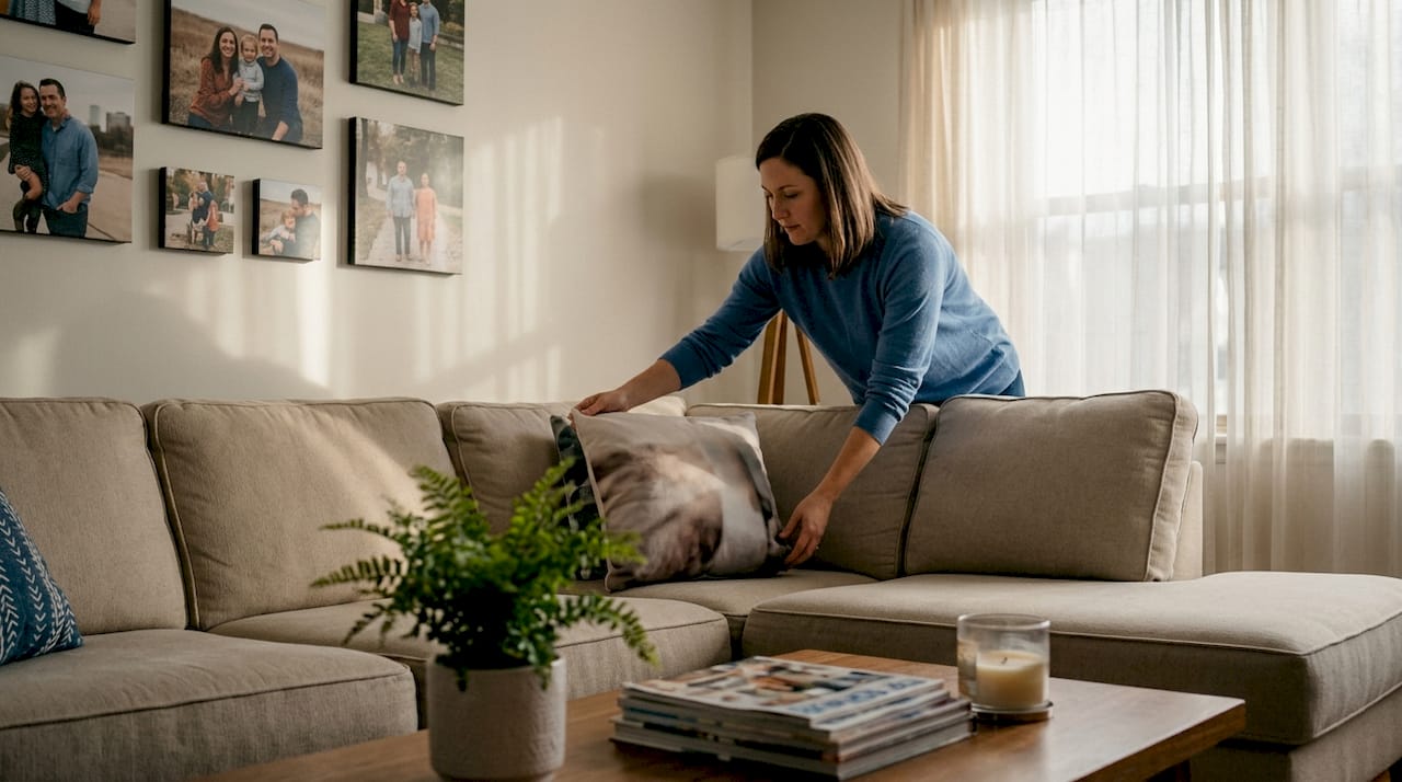 Woman arranging personalized throw pillow in living room