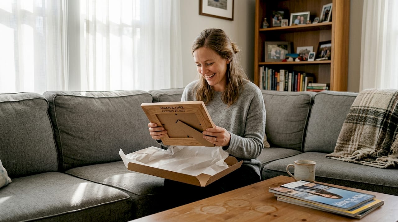 Woman opening personalized home gift in living room