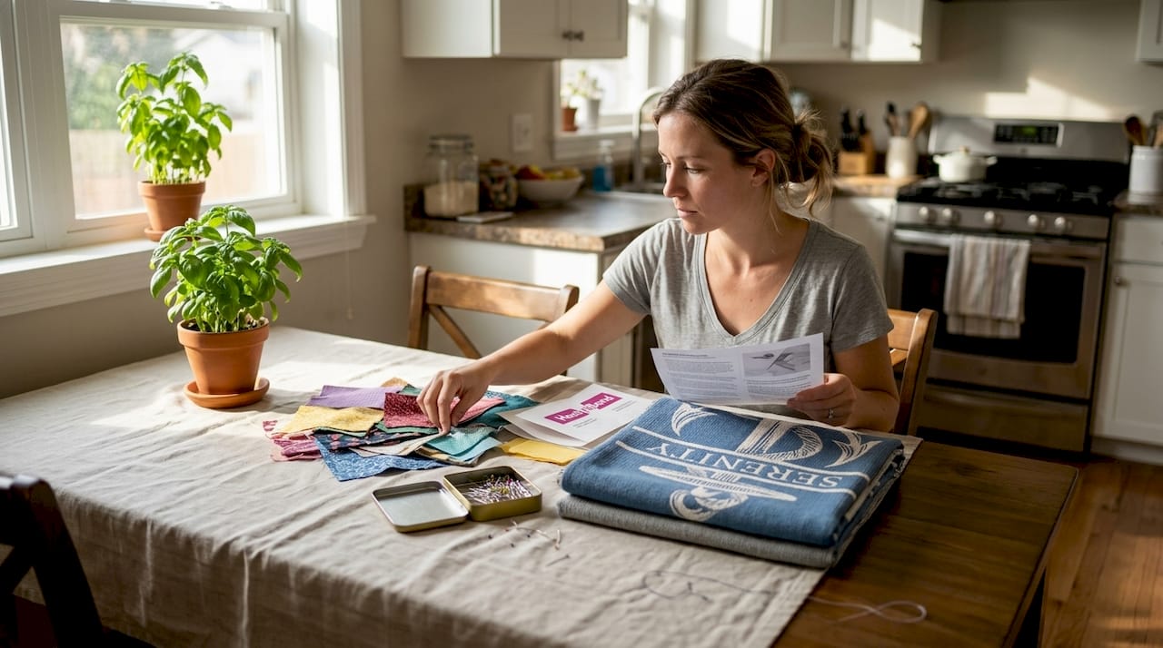Woman gathers materials for blanket personalization